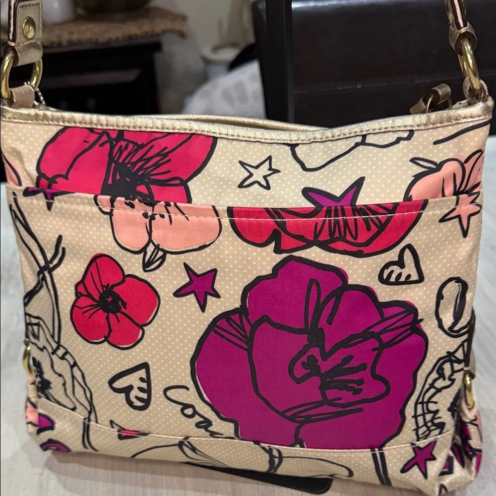 Coach Poppy Beige and Pink Floral Graphic Shoulder Bag